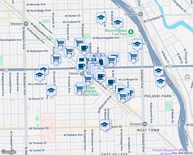 map of restaurants, bars, coffee shops, grocery stores, and more near 1530 North Elk Grove Avenue in Chicago