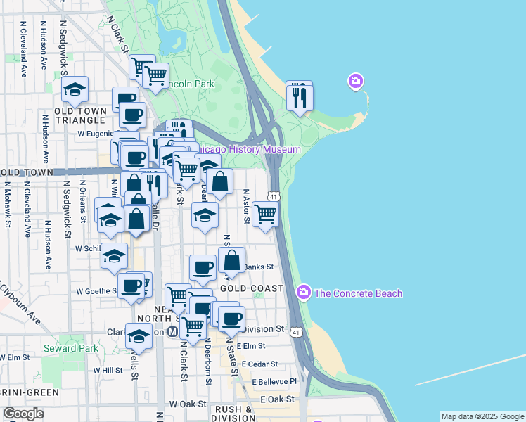 map of restaurants, bars, coffee shops, grocery stores, and more near 1500 North Lake Shore Drive in Chicago