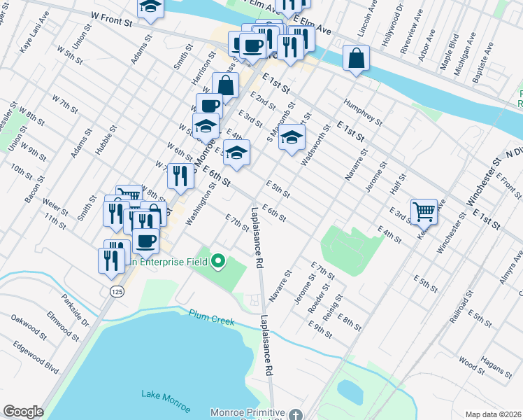 map of restaurants, bars, coffee shops, grocery stores, and more near 526 Scott Street in Monroe