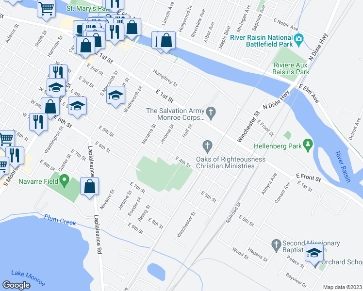 map of restaurants, bars, coffee shops, grocery stores, and more near 804 East 3rd Street in Monroe