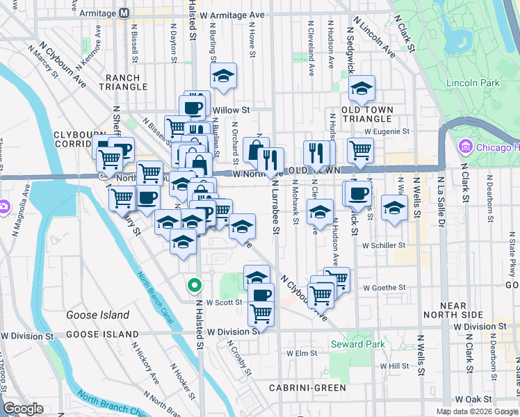 map of restaurants, bars, coffee shops, grocery stores, and more near 639 West Weed Street in Chicago