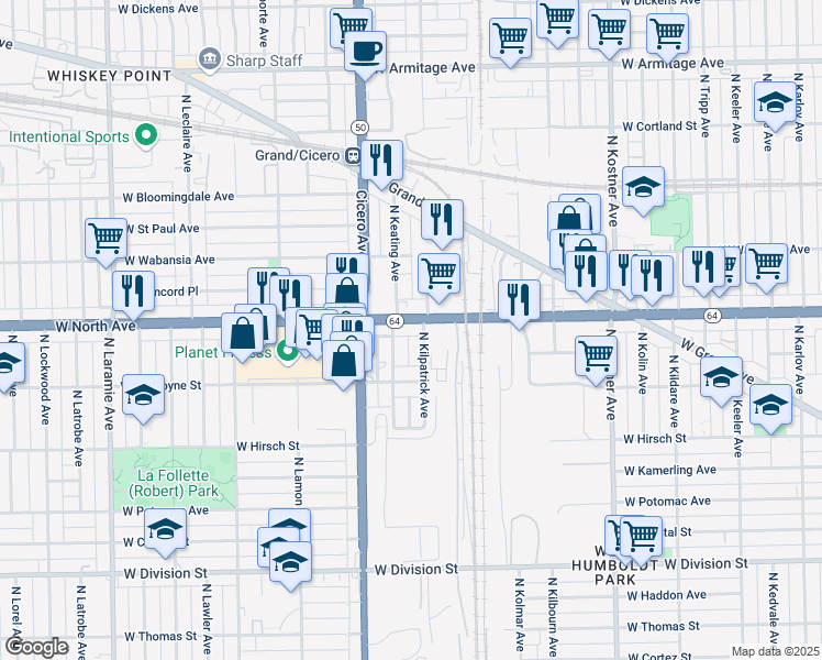 map of restaurants, bars, coffee shops, grocery stores, and more near 4714 West North Avenue in Chicago