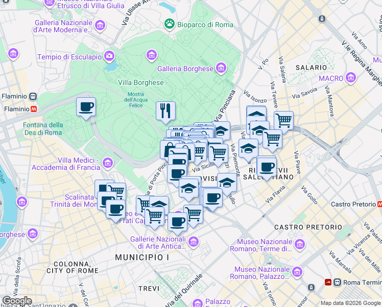 map of restaurants, bars, coffee shops, grocery stores, and more near 11 Corso D'Italia in Rome