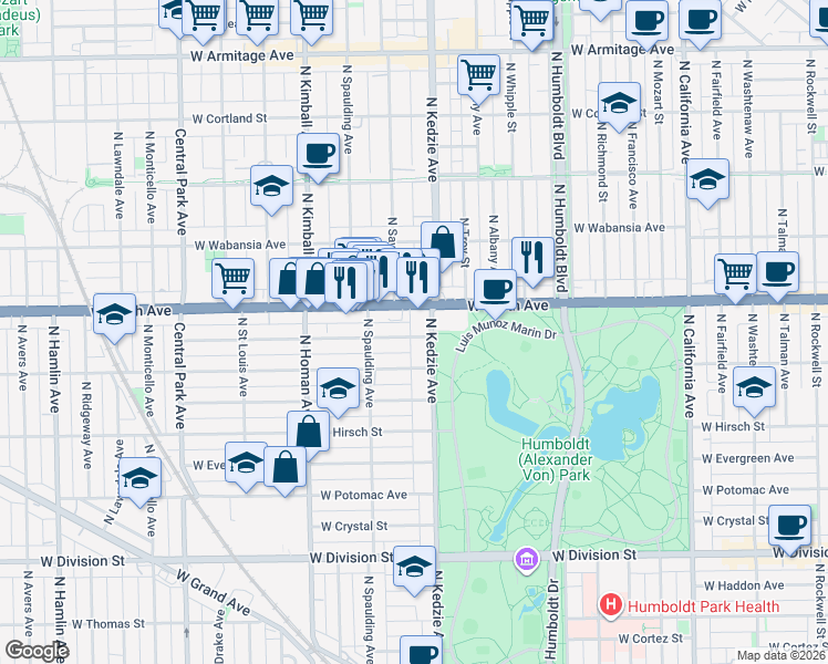 map of restaurants, bars, coffee shops, grocery stores, and more near 1532 North Kedzie Avenue in Chicago