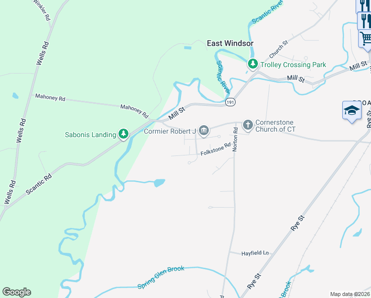 map of restaurants, bars, coffee shops, grocery stores, and more near 27A Folkstone Road in East Windsor