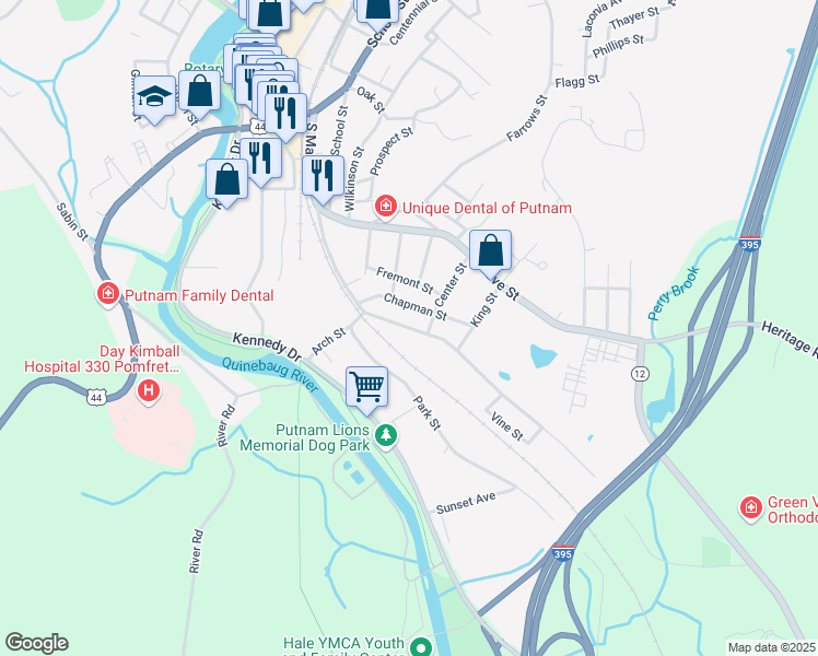 map of restaurants, bars, coffee shops, grocery stores, and more near 198 South Main Street in Putnam