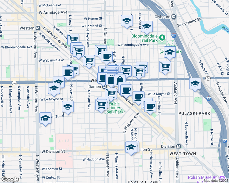 map of restaurants, bars, coffee shops, grocery stores, and more near 1563 North Milwaukee Avenue in Chicago