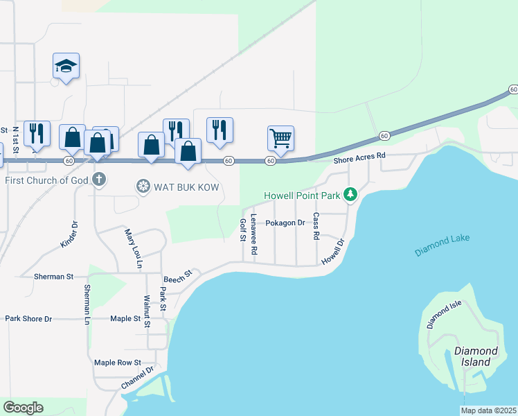 map of restaurants, bars, coffee shops, grocery stores, and more near 61111 Putnam Road in Cassopolis