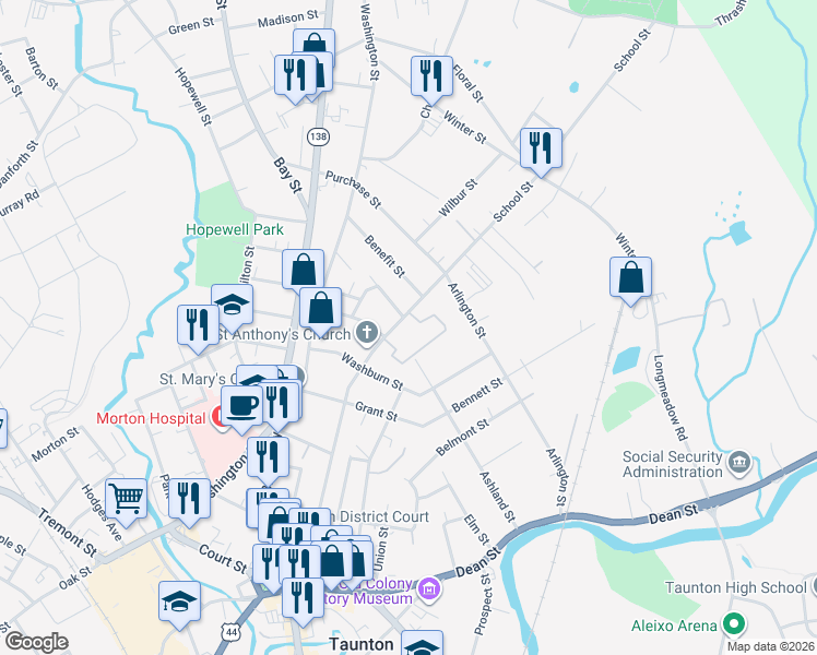 map of restaurants, bars, coffee shops, grocery stores, and more near 145 School Street in Taunton
