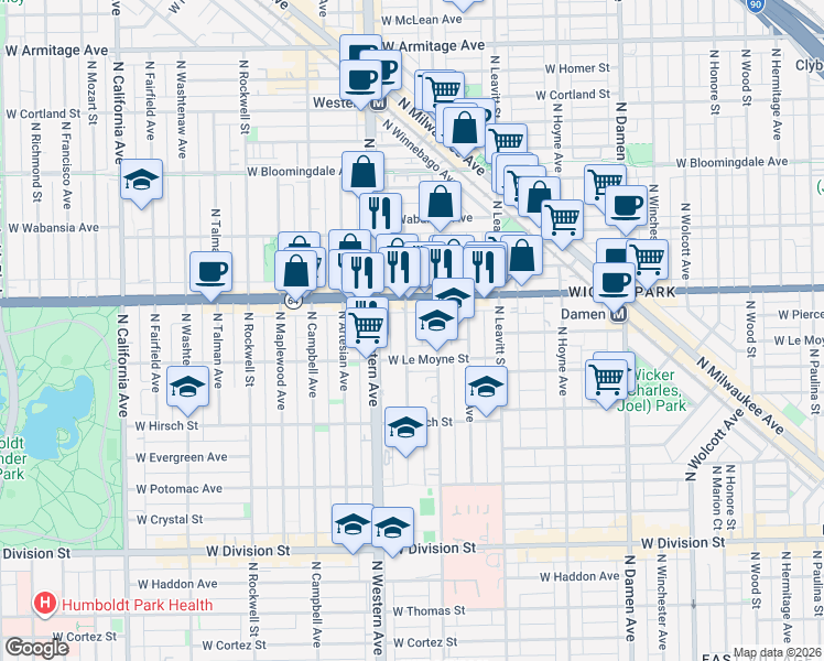 map of restaurants, bars, coffee shops, grocery stores, and more near in Chicago