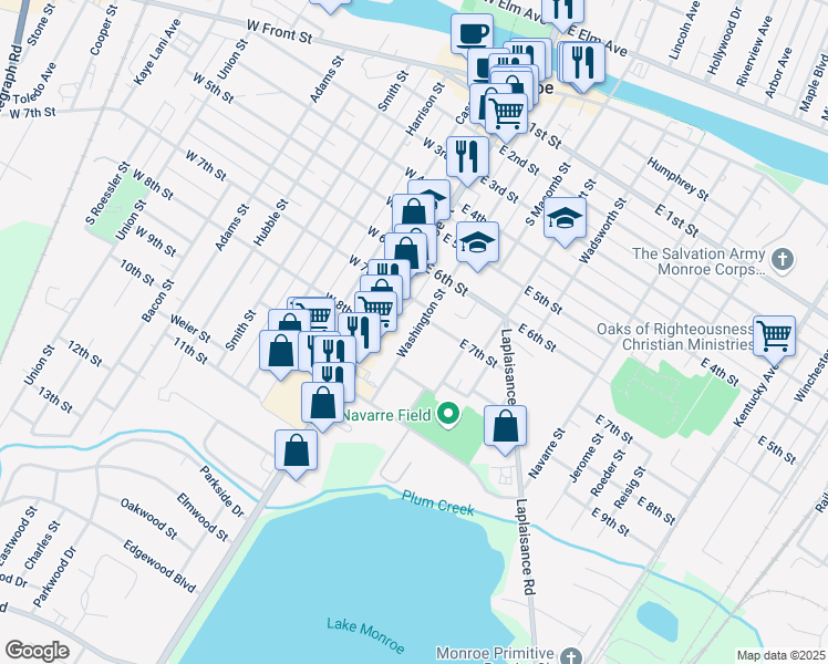 map of restaurants, bars, coffee shops, grocery stores, and more near 115 East 7th Street in Monroe