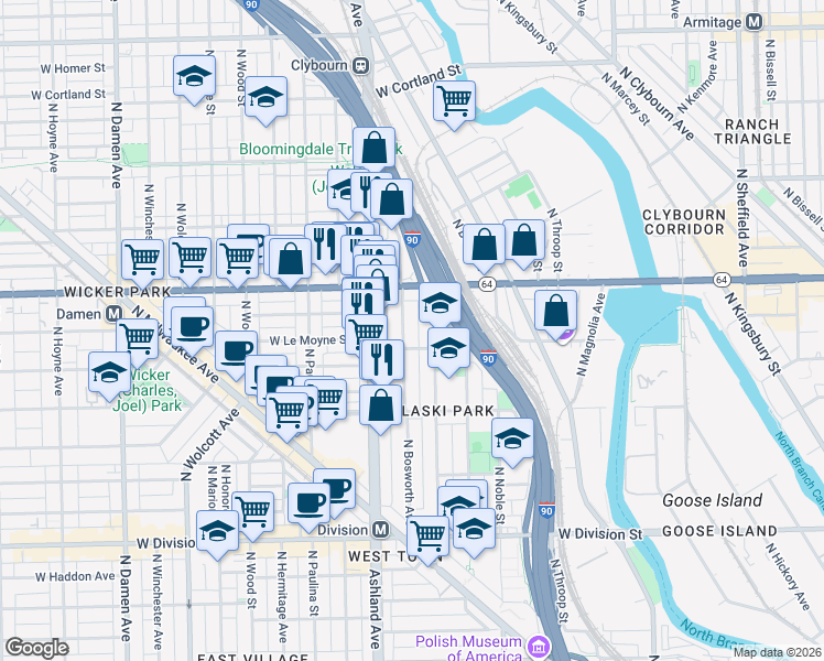 map of restaurants, bars, coffee shops, grocery stores, and more near 1541 North Bosworth Avenue in Chicago