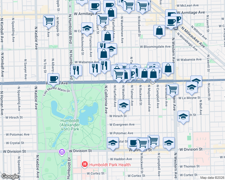 map of restaurants, bars, coffee shops, grocery stores, and more near 2735 West North Avenue in Chicago