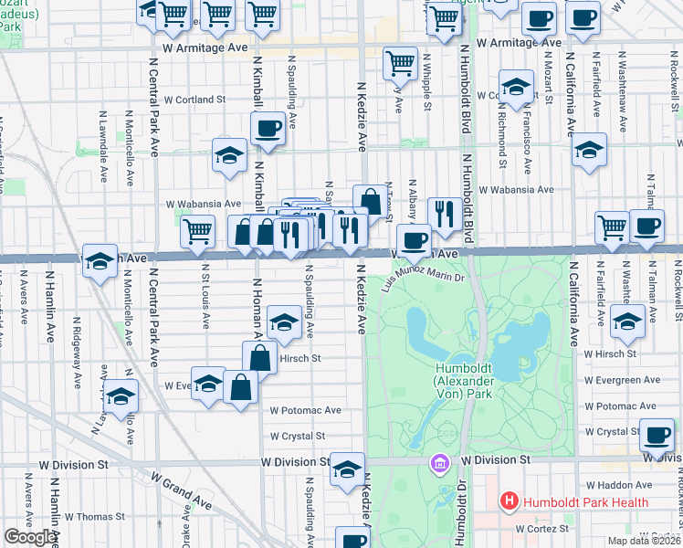 map of restaurants, bars, coffee shops, grocery stores, and more near 3220 West Pierce Avenue in Chicago