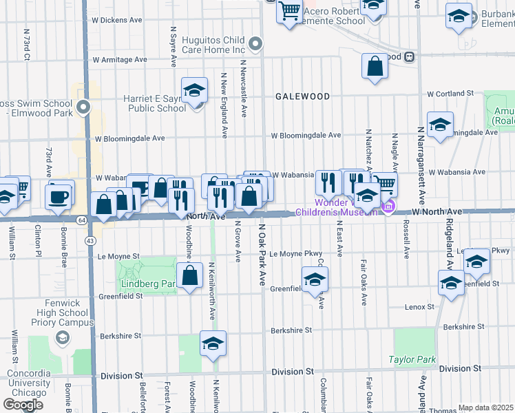 map of restaurants, bars, coffee shops, grocery stores, and more near 1630 North Oak Park Avenue in Chicago