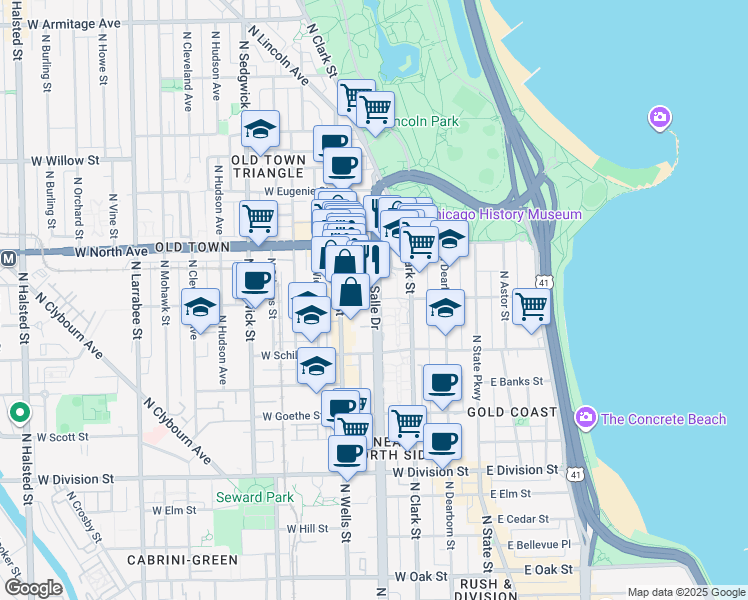 map of restaurants, bars, coffee shops, grocery stores, and more near 1546 North LaSalle Drive in Chicago
