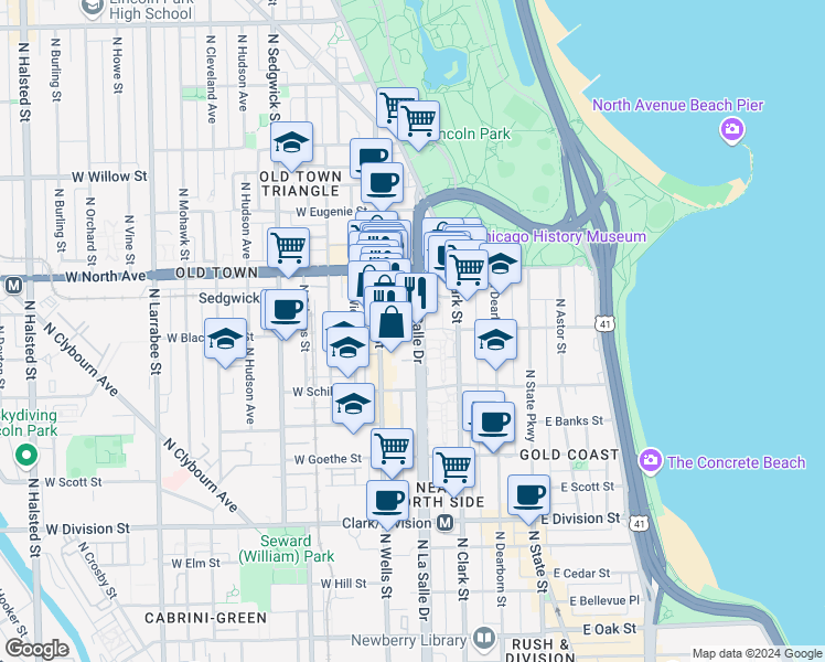 map of restaurants, bars, coffee shops, grocery stores, and more near 1546 North LaSalle Drive in Chicago