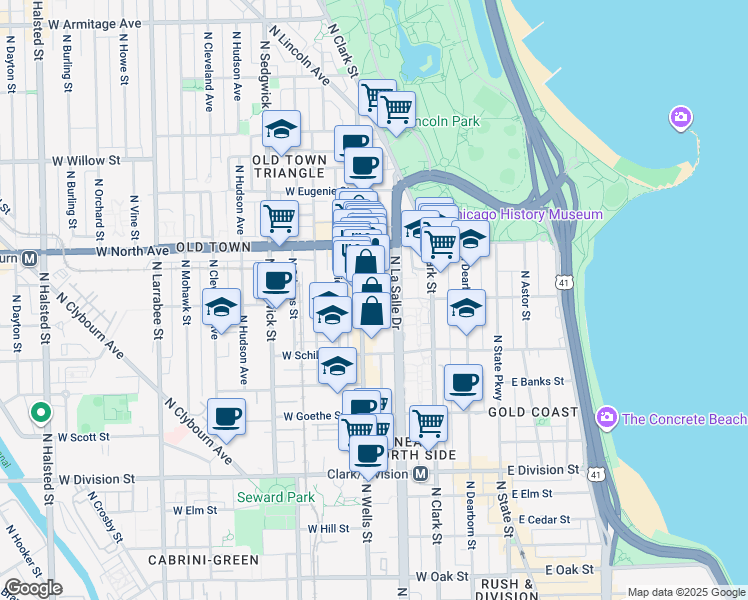 map of restaurants, bars, coffee shops, grocery stores, and more near 1529 North Wells Street in Chicago