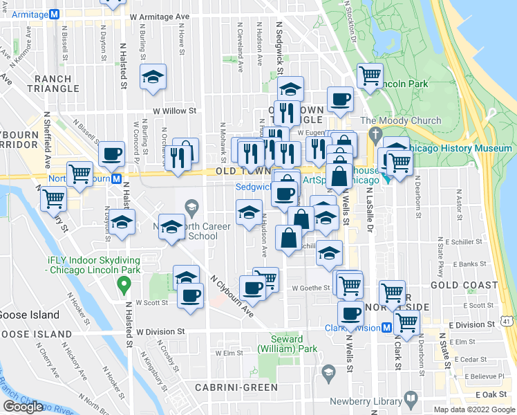 map of restaurants, bars, coffee shops, grocery stores, and more near 1523 North Cleveland Avenue in Chicago