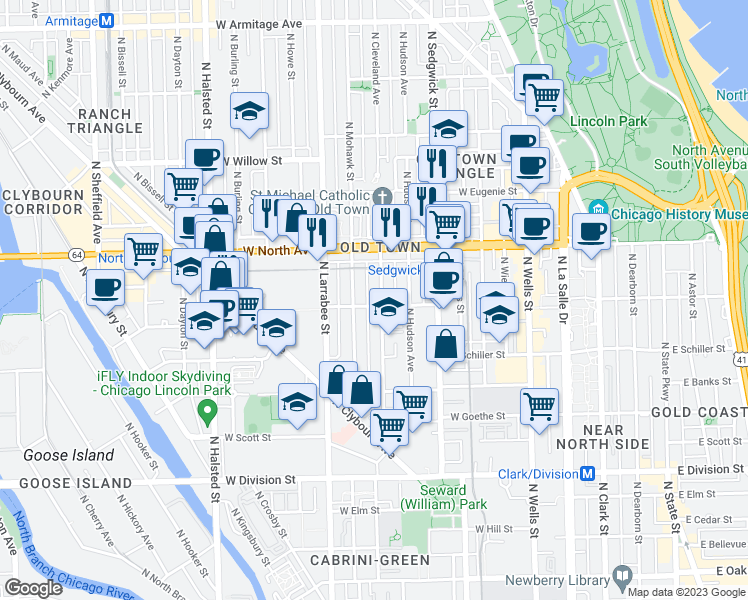 map of restaurants, bars, coffee shops, grocery stores, and more near 1527 North Mohawk Street in Chicago