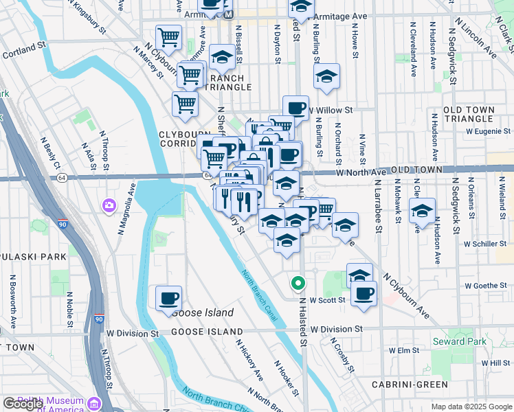 map of restaurants, bars, coffee shops, grocery stores, and more near 900 West Weed Street in Chicago