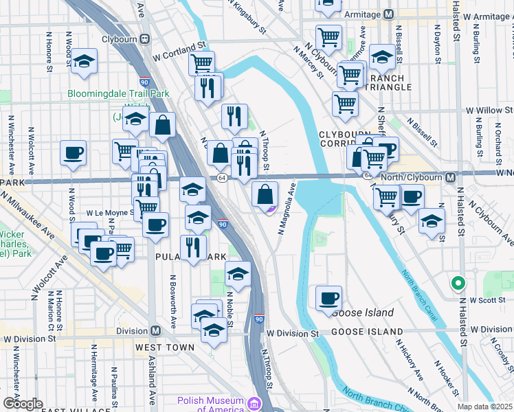 map of restaurants, bars, coffee shops, grocery stores, and more near 1535 North Elston Avenue in Chicago