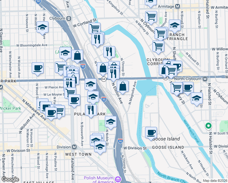 map of restaurants, bars, coffee shops, grocery stores, and more near 1535 North Elston Avenue in Chicago