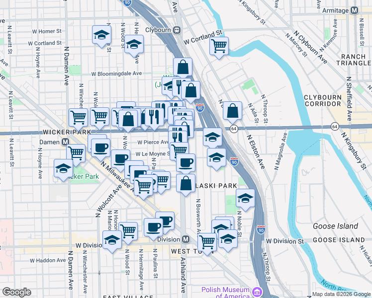 map of restaurants, bars, coffee shops, grocery stores, and more near 1515 North Ashland Avenue in Chicago