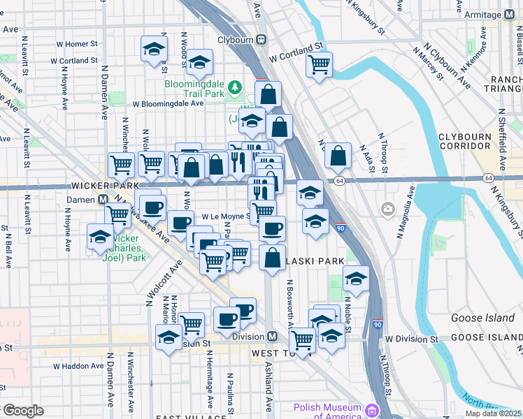 map of restaurants, bars, coffee shops, grocery stores, and more near 1515 North Ashland Avenue in Chicago