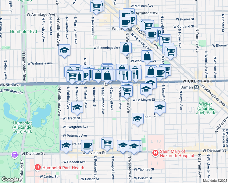 map of restaurants, bars, coffee shops, grocery stores, and more near 2503 West North Avenue in Chicago