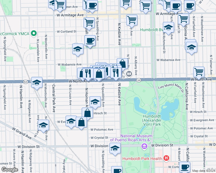 map of restaurants, bars, coffee shops, grocery stores, and more near in Chicago