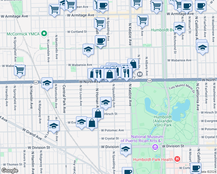 map of restaurants, bars, coffee shops, grocery stores, and more near in Chicago