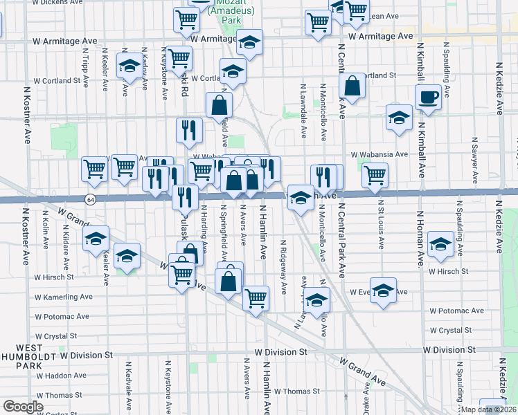 map of restaurants, bars, coffee shops, grocery stores, and more near in Chicago