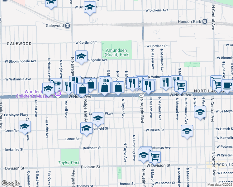 map of restaurants, bars, coffee shops, grocery stores, and more near 1621 North Moody Avenue in Chicago