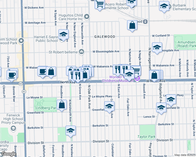 map of restaurants, bars, coffee shops, grocery stores, and more near 1631 North Rutherford Avenue in Chicago