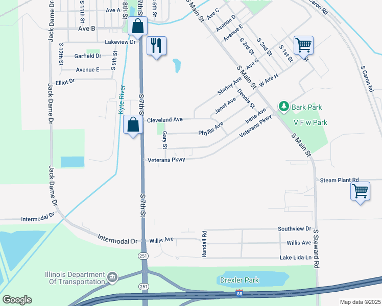 map of restaurants, bars, coffee shops, grocery stores, and more near 339 Irene Avenue in Rochelle