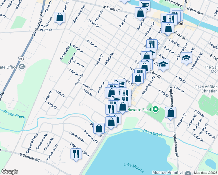 map of restaurants, bars, coffee shops, grocery stores, and more near 829 Smith Street in Monroe