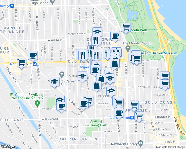 map of restaurants, bars, coffee shops, grocery stores, and more near 1520 North Sedgwick Street in Chicago