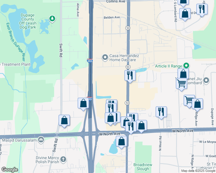 map of restaurants, bars, coffee shops, grocery stores, and more near 884 South Rohlwing Road in Addison