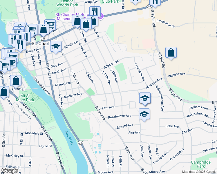 map of restaurants, bars, coffee shops, grocery stores, and more near 815 South 11th Avenue in St. Charles