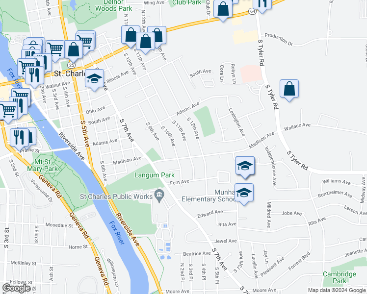 map of restaurants, bars, coffee shops, grocery stores, and more near 909 South 11th Avenue in Saint Charles