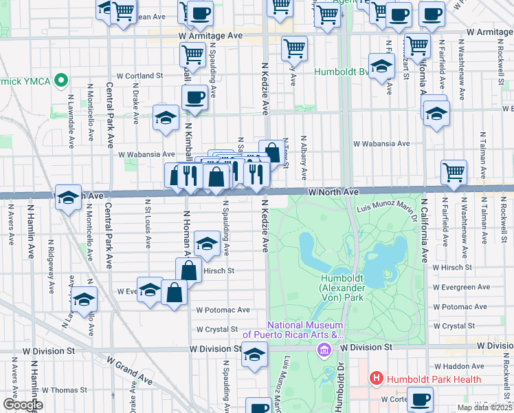 map of restaurants, bars, coffee shops, grocery stores, and more near 1534 North Kedzie Avenue in Chicago