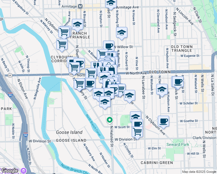 map of restaurants, bars, coffee shops, grocery stores, and more near 1528 North Halsted Street in Chicago