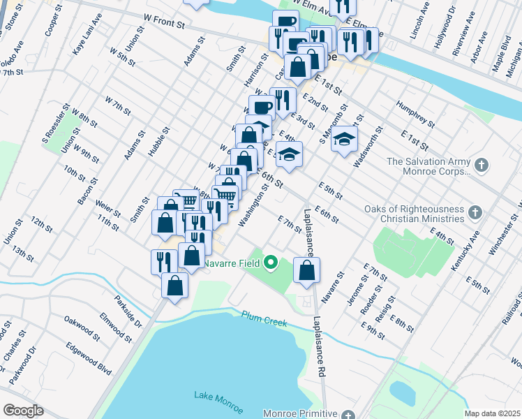 map of restaurants, bars, coffee shops, grocery stores, and more near 115 East 7th Street in Monroe