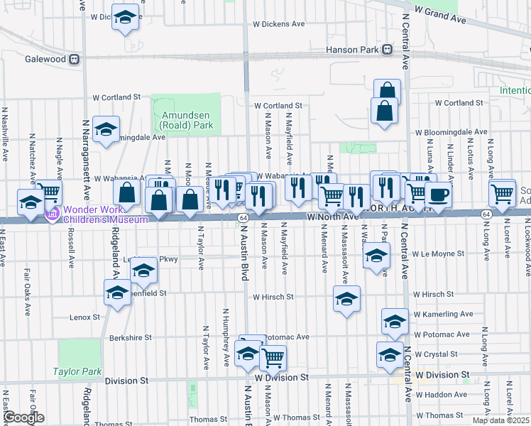 map of restaurants, bars, coffee shops, grocery stores, and more near 1623 North Mason Avenue in Chicago