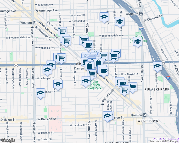 map of restaurants, bars, coffee shops, grocery stores, and more near 1563 North Milwaukee Avenue in Chicago
