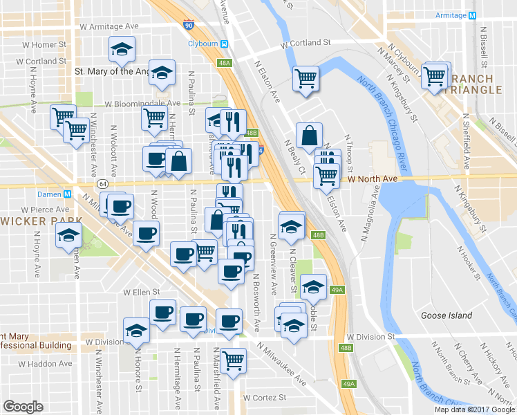 map of restaurants, bars, coffee shops, grocery stores, and more near 1541 North Bosworth Avenue in Chicago