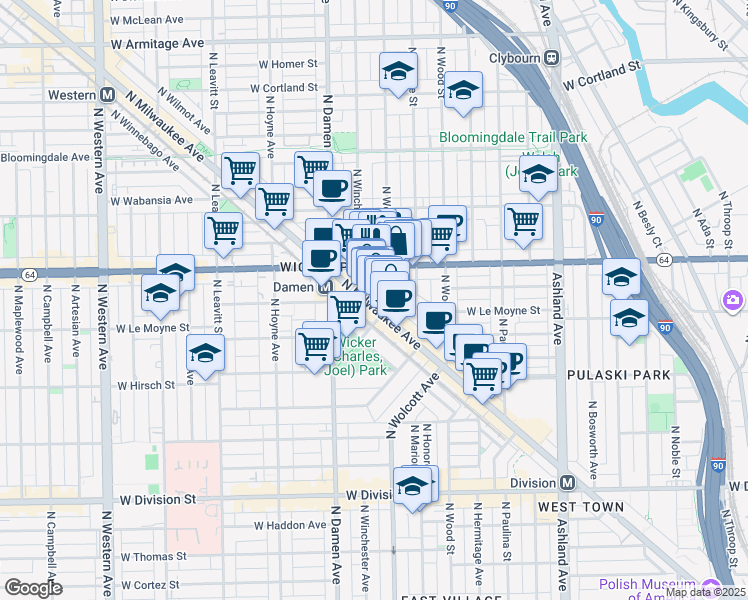 map of restaurants, bars, coffee shops, grocery stores, and more near 1530 North Elk Grove Avenue in Chicago