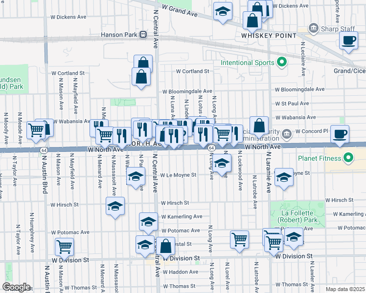 map of restaurants, bars, coffee shops, grocery stores, and more near West North Avenue & North Linder Avenue in Chicago