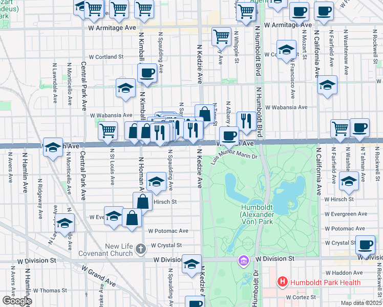 map of restaurants, bars, coffee shops, grocery stores, and more near 3221 Illinois 64 in Chicago